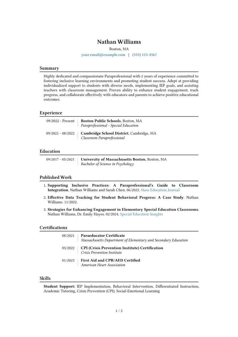 Paraprofessional Resume Example CV template preview