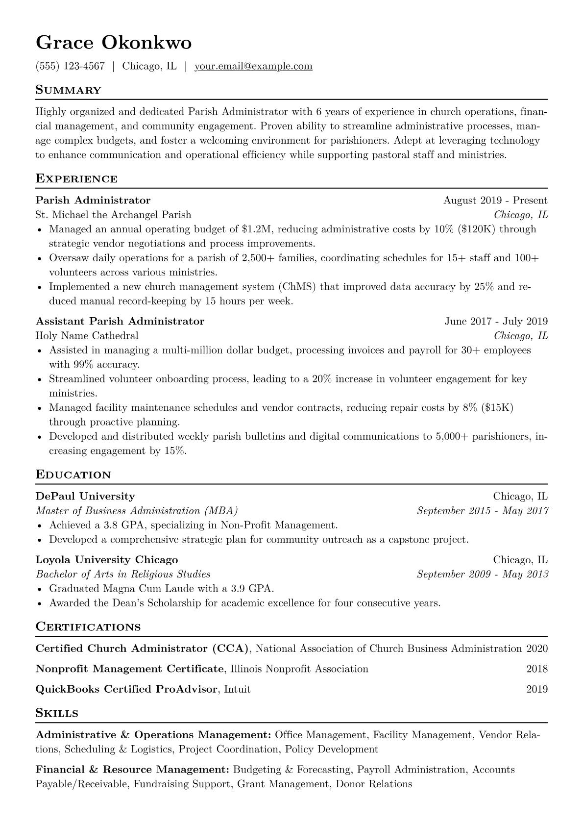 Parish Administrator Resume Example CV template - Page 1