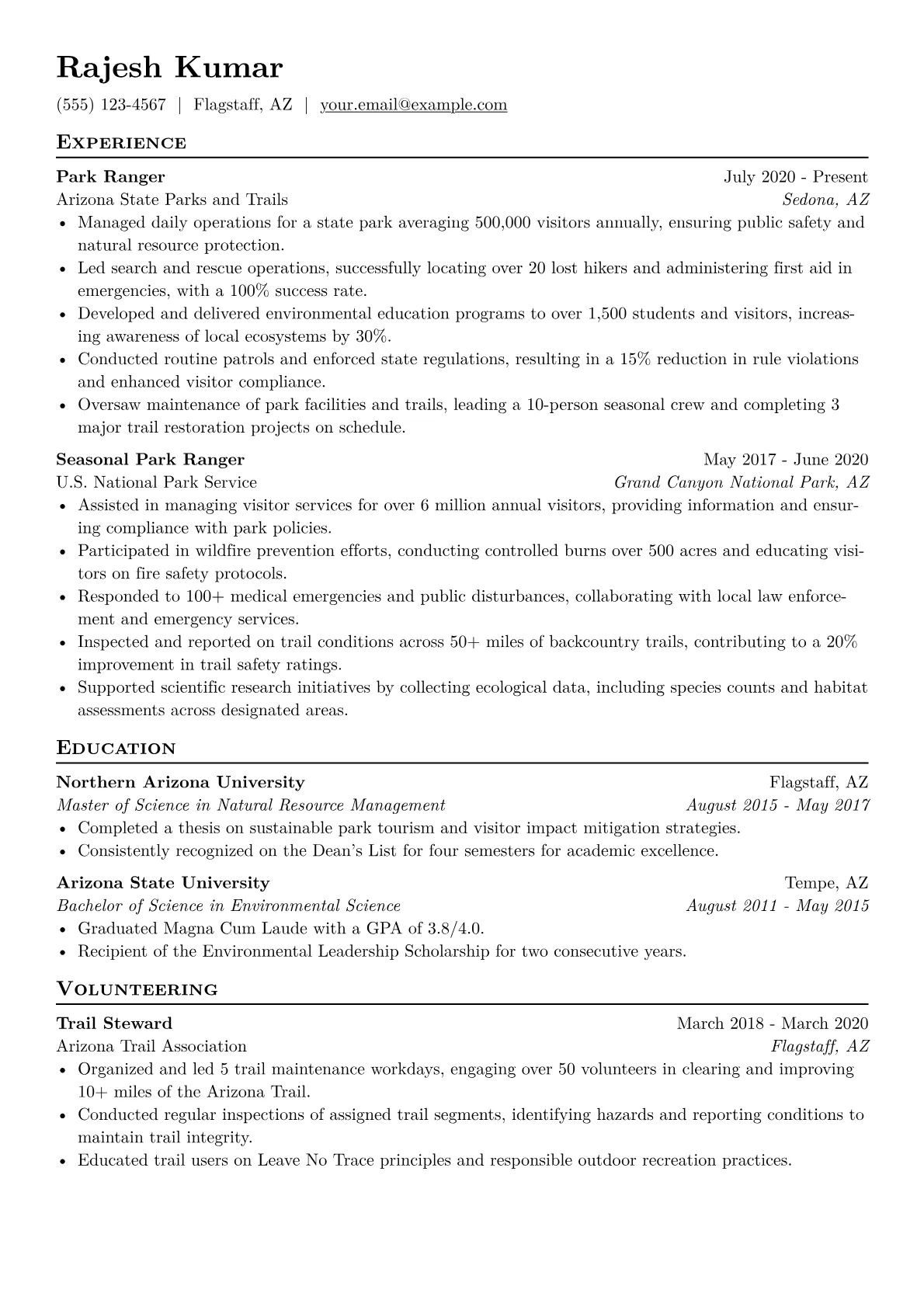 Park Ranger Resume Example CV template - Page 1