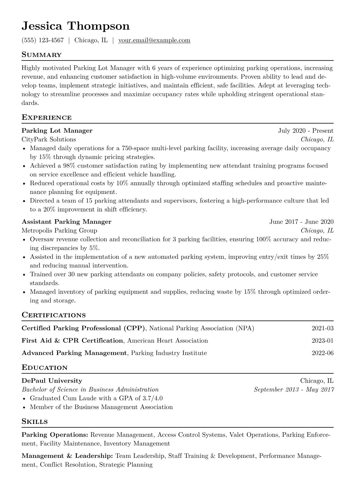 Parking Lot Manager Resume Example CV template - Page 1