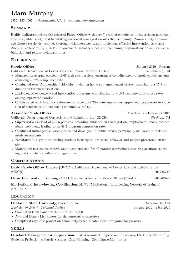 Parole Officer Resume Example