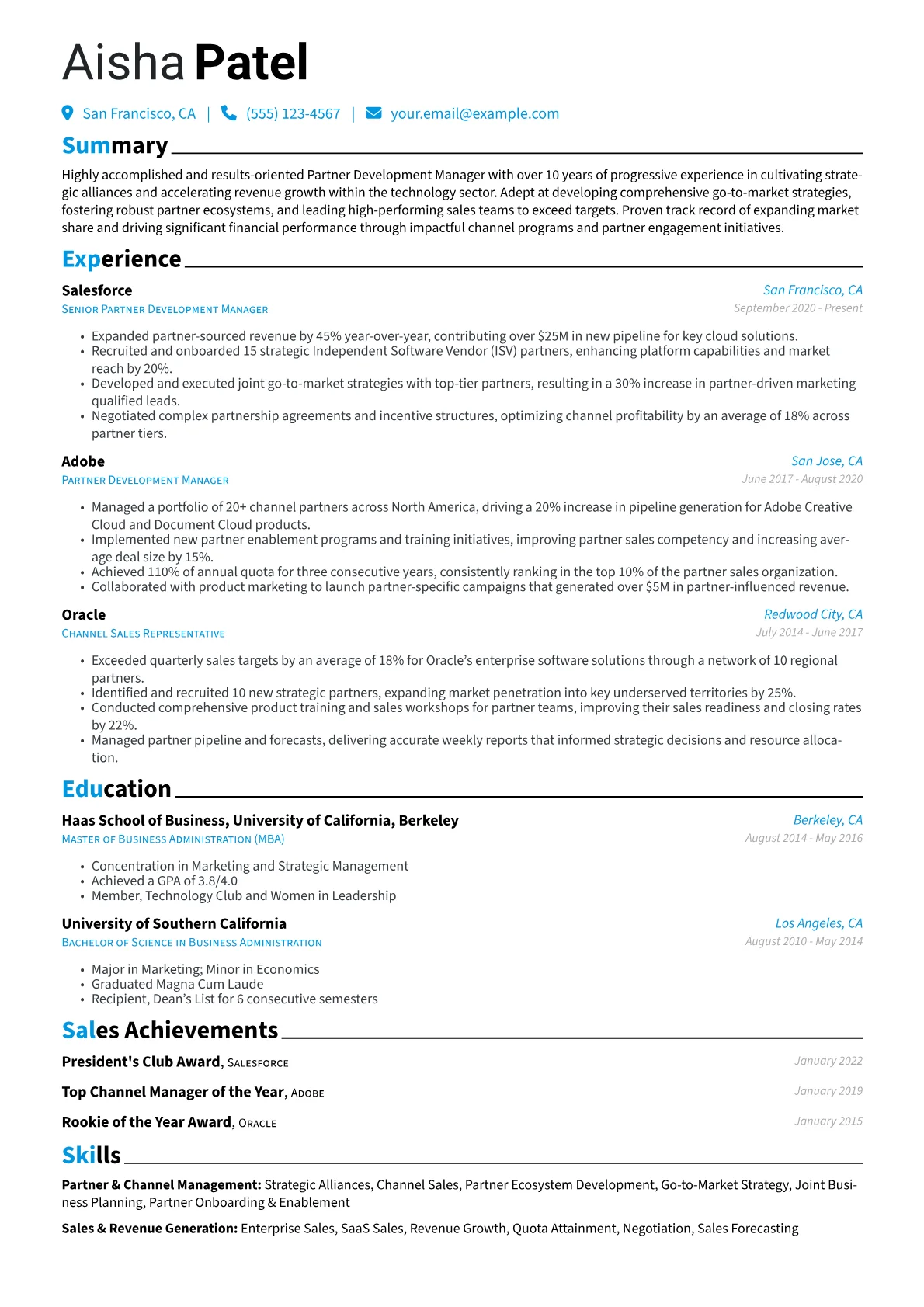 Partner Development Manager Resume Example CV template - Page 1