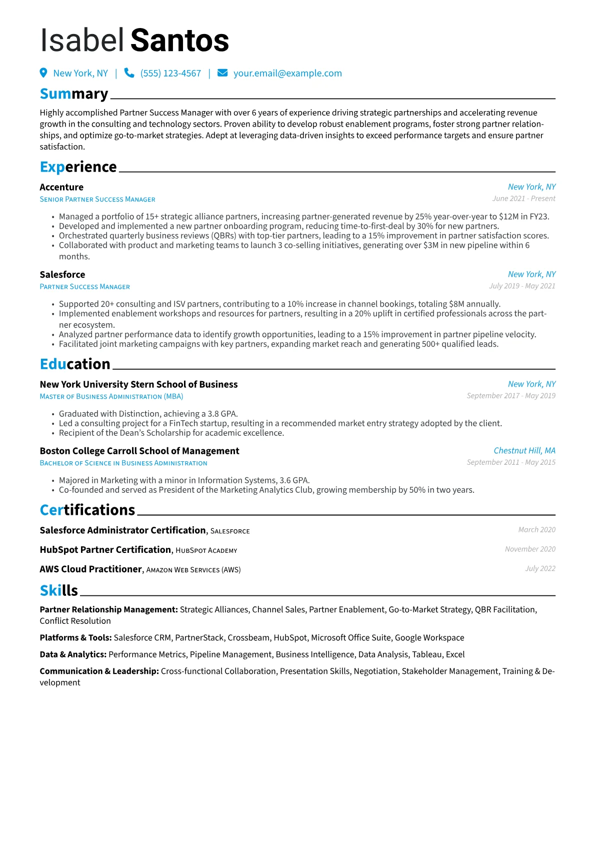 Partner Success Manager Resume Example CV template - Page 1