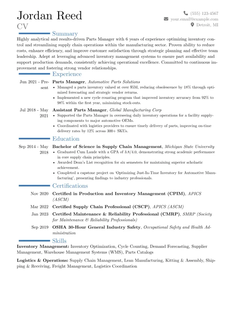 Parts Manager Resume Example CV template preview