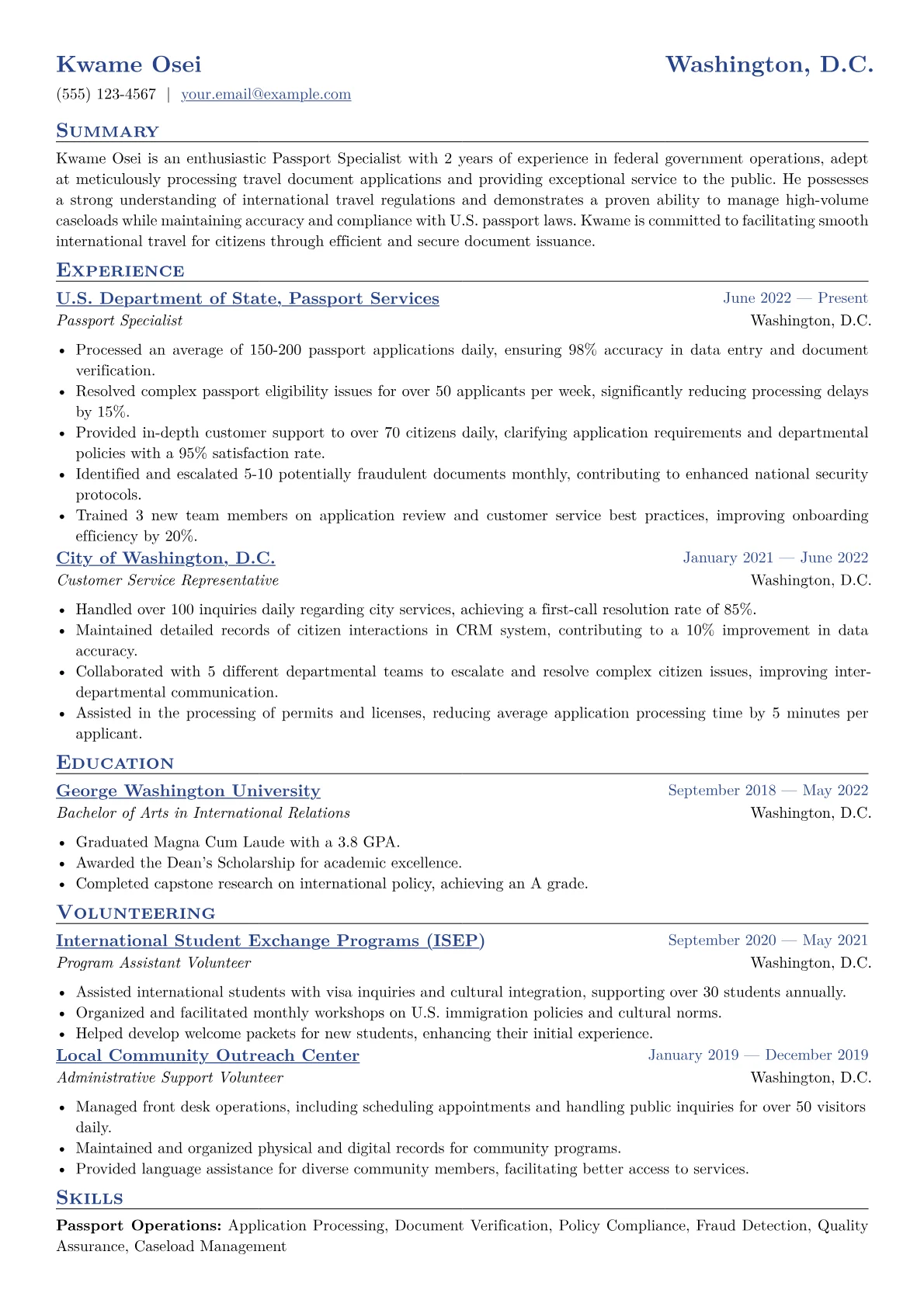 Passport Specialist Resume Example CV template - Page 1