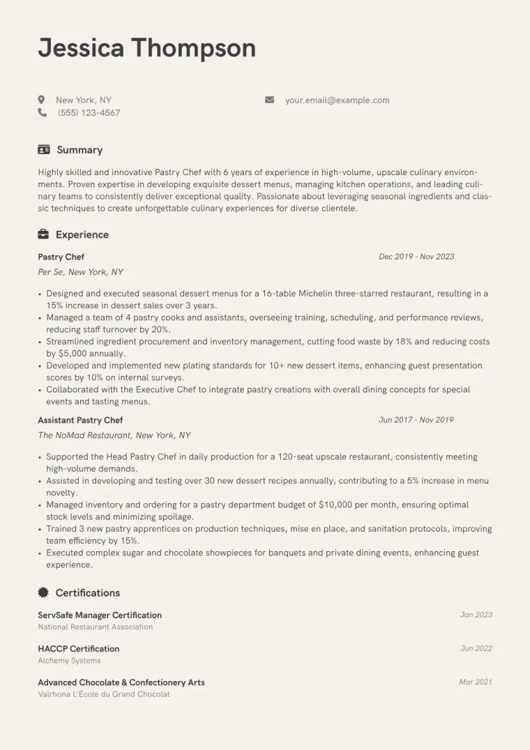 Pastry Chef Resume Example