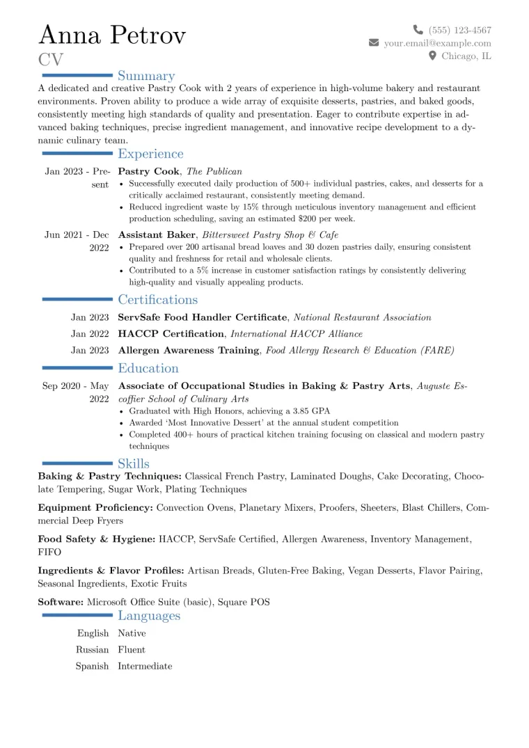 Pastry Cook Resume Example CV template preview