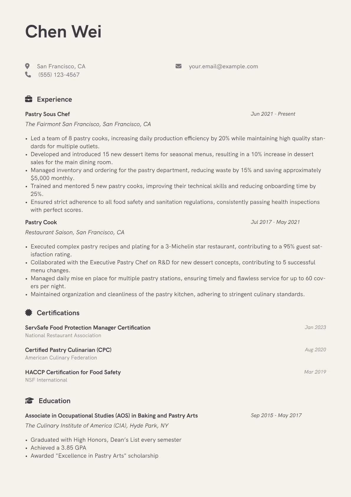 Pastry Sous Chef Resume Example CV template - Page 1