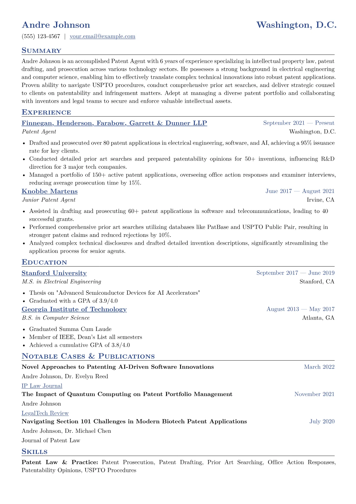 Patent Agent Resume Example CV template - Page 1