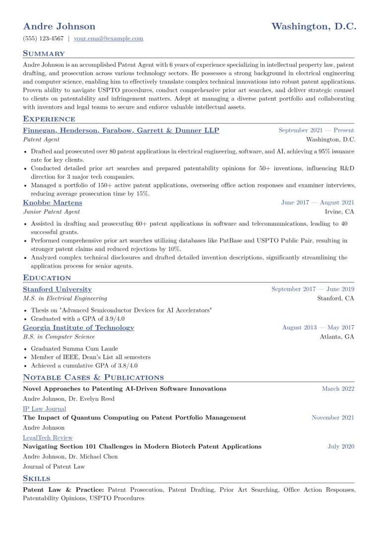 Patent Agent Resume Example CV template preview