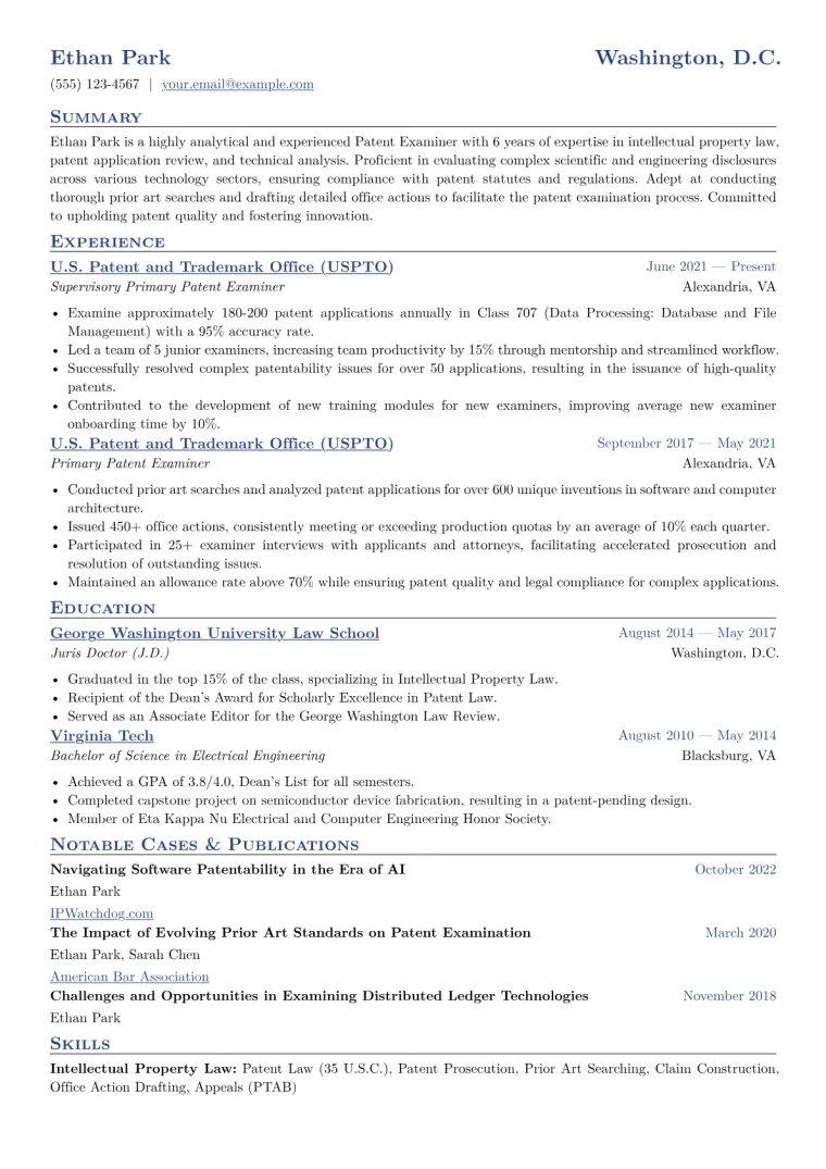 Patent Examiner Resume Example CV template preview
