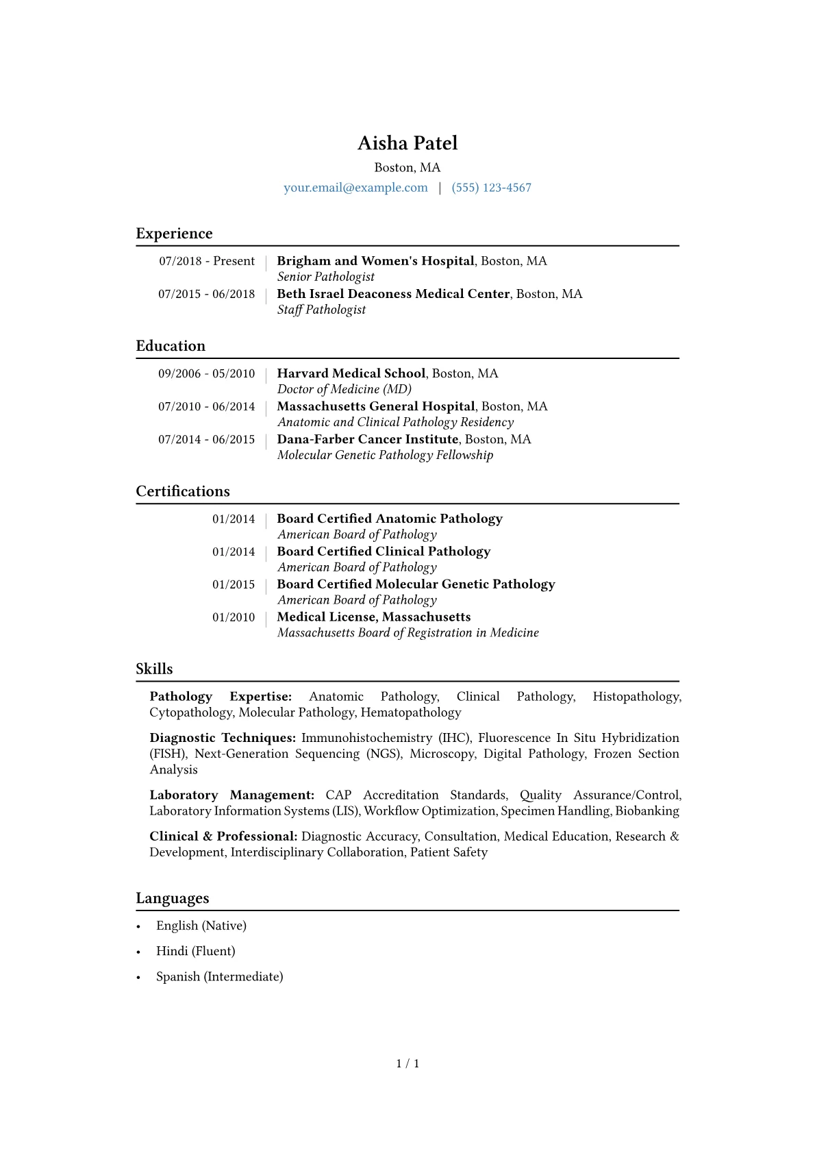 Pathologist Resume Example CV template - Page 1
