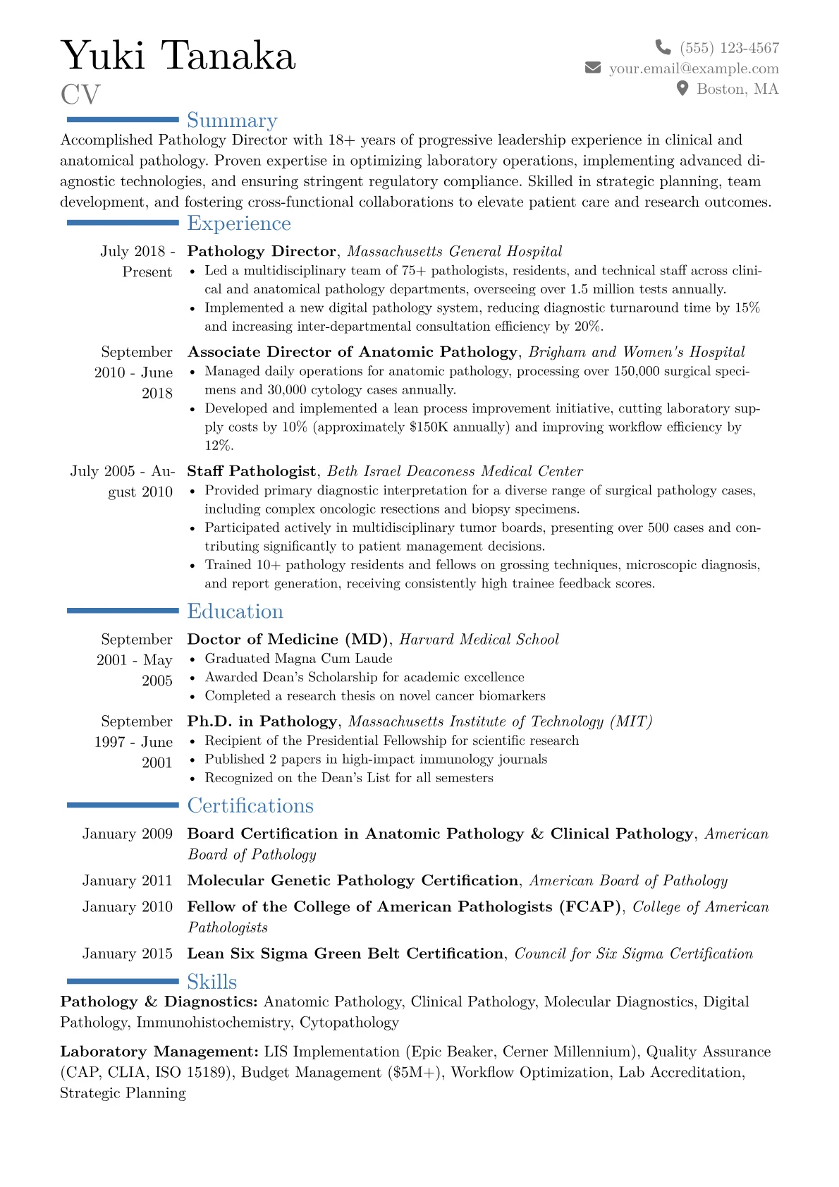 Pathology Director Resume Example CV template - Page 1
