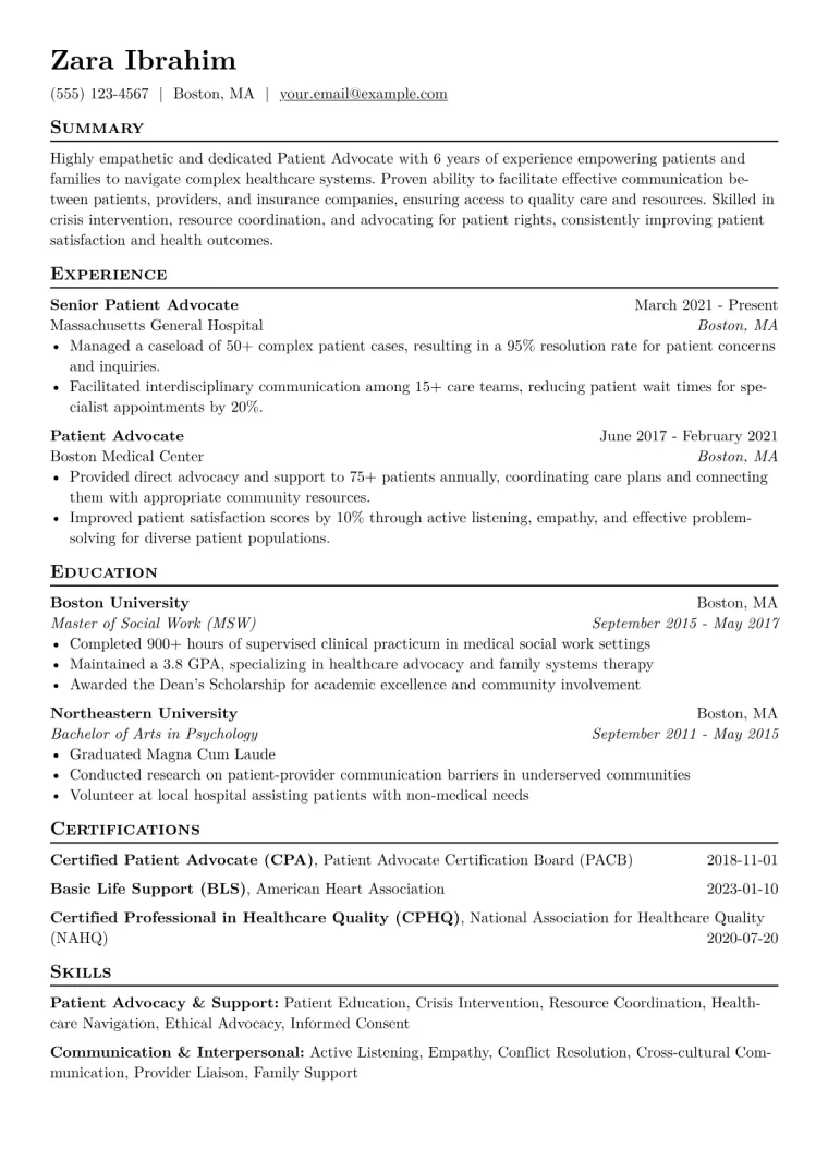Patient Advocate Resume Example CV template preview