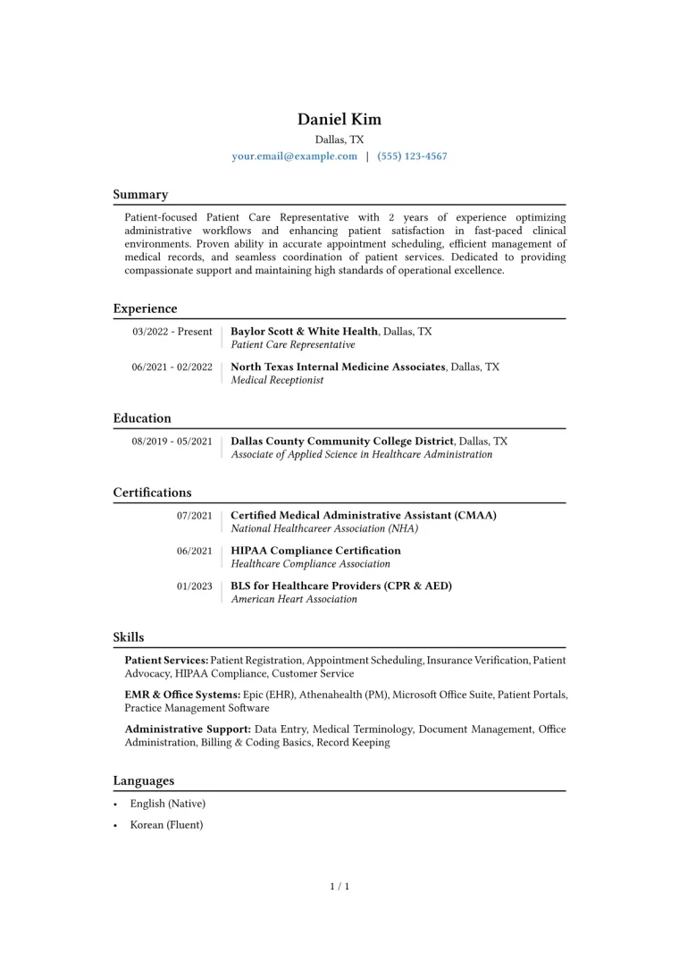 Patient Care Representative Resume Example CV template preview