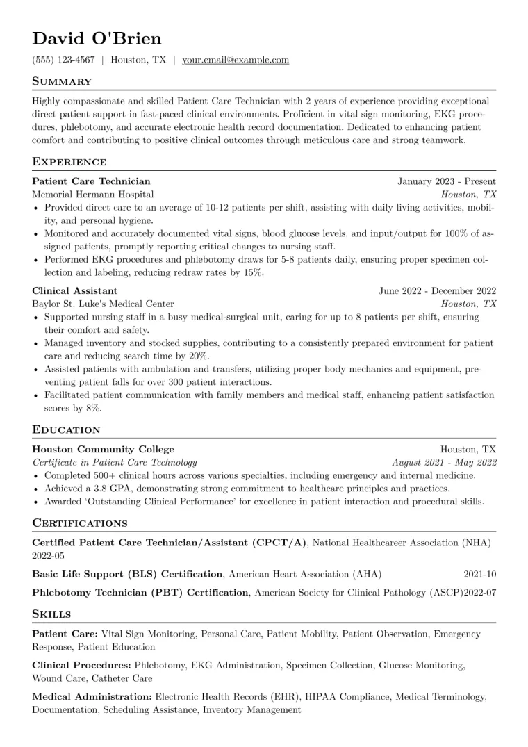 Patient Care Technician Resume Example