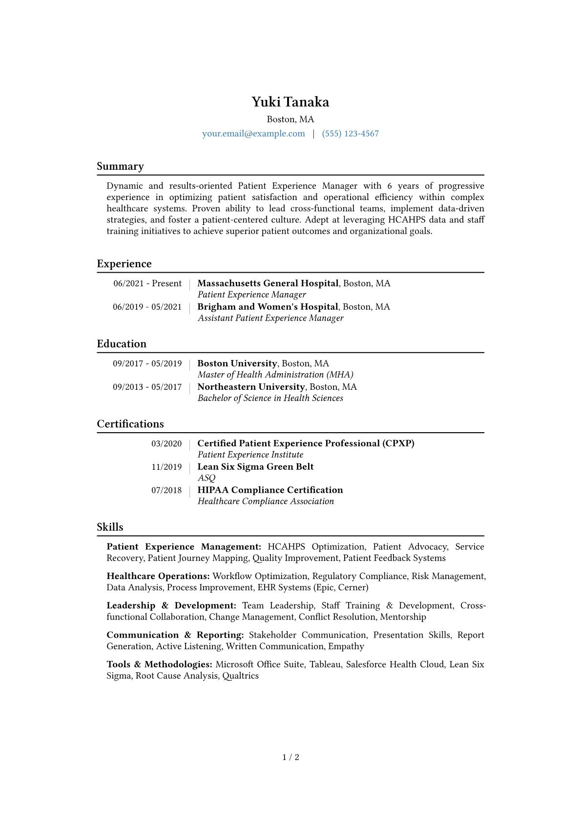 Patient Experience Manager Resume Example CV template - Page 1
