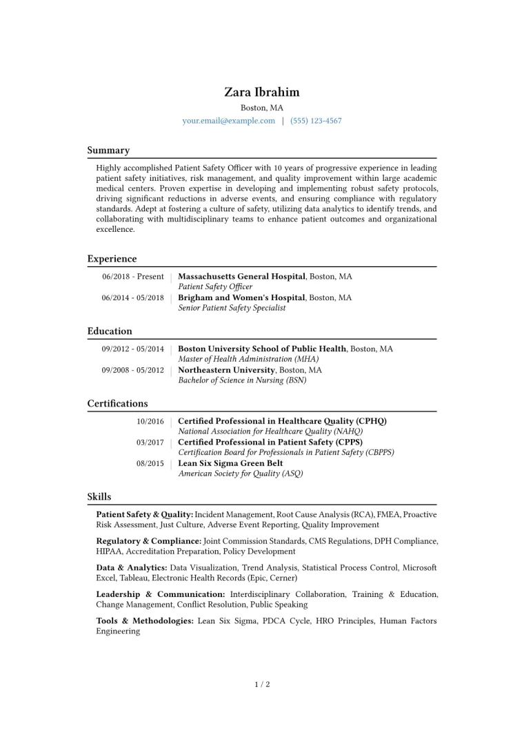 Patient Safety Officer Resume Example CV template preview