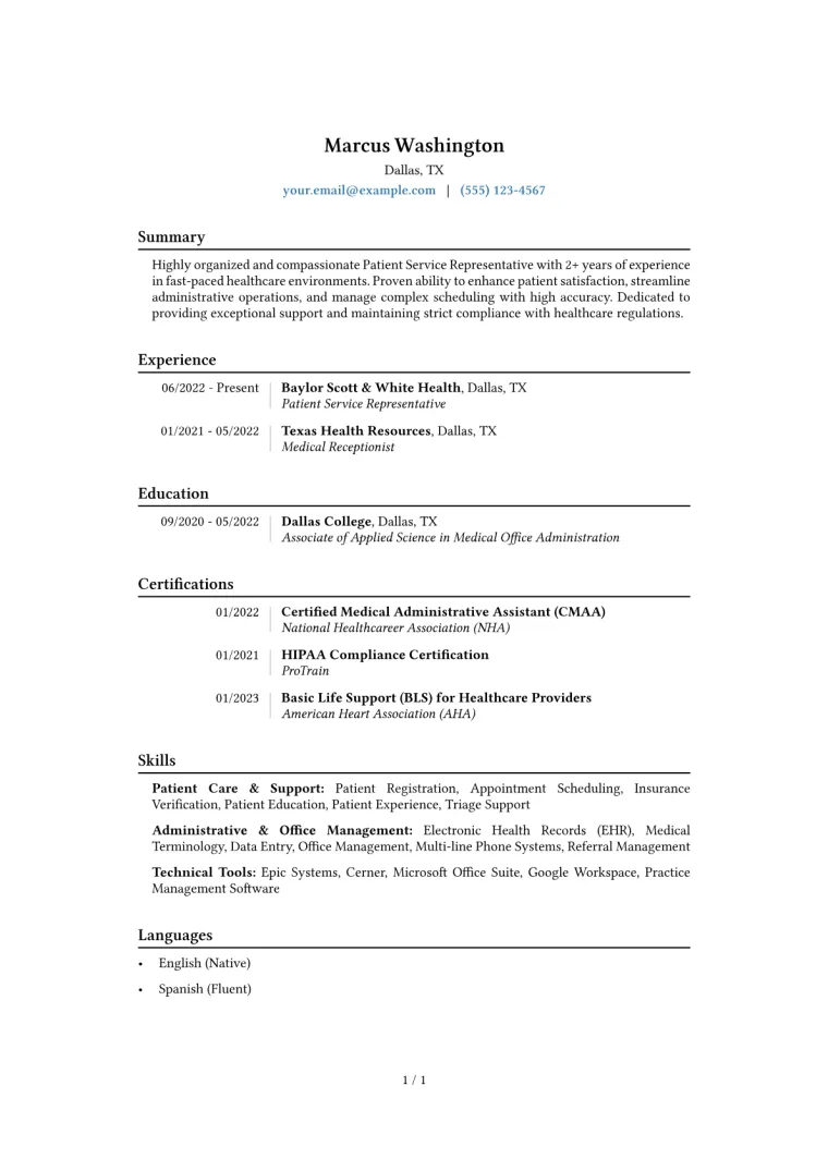 Patient Service Representative Resume Example CV template preview