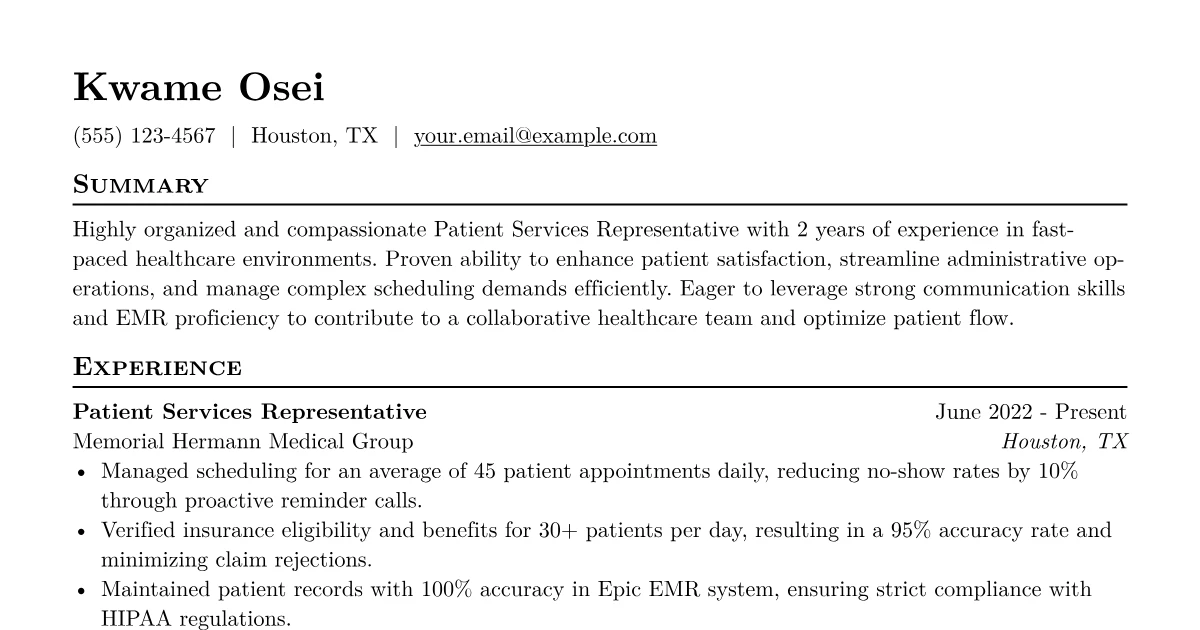 Patient Services Representative Resume Example | JobSprout