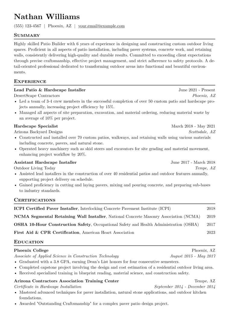 Patio Builder Resume Example CV template preview