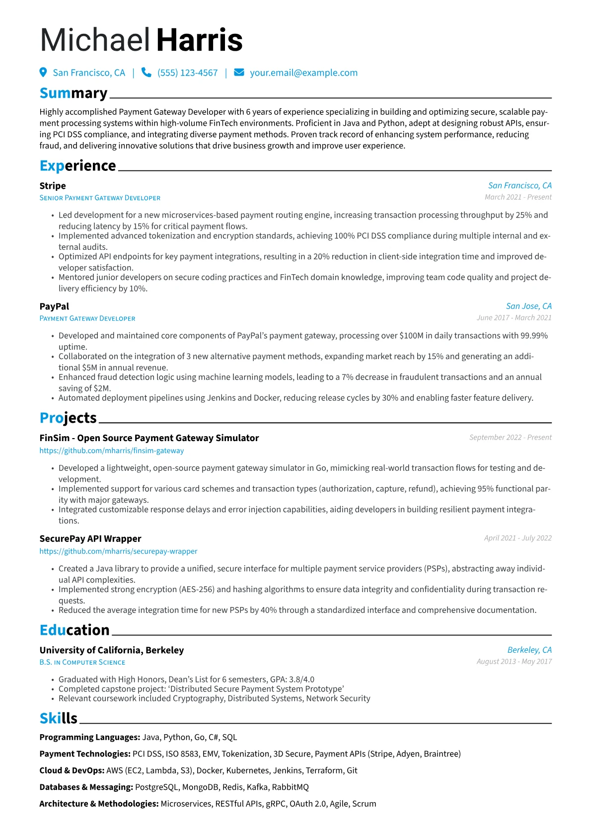 Payment Gateway Developer Resume Example CV template - Page 1