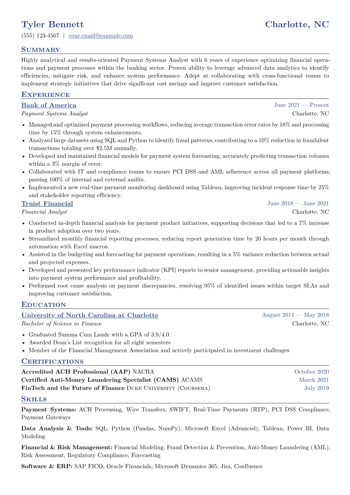 Payment Systems Analyst Resume Example CV template - Page 1