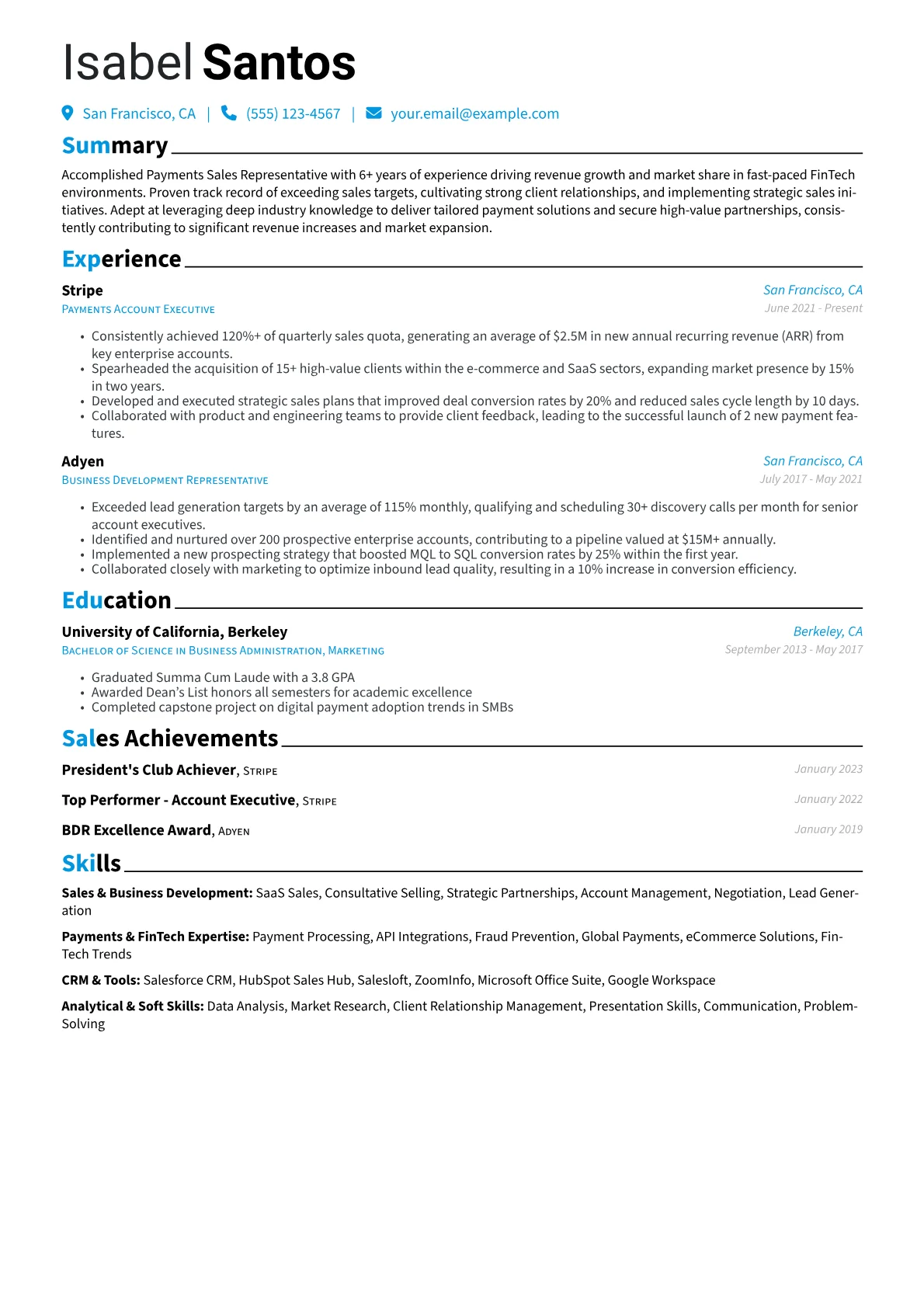 Payments Sales Representative Resume Example CV template - Page 1