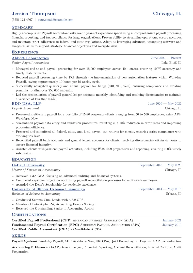 Payroll Accountant Resume Example CV template preview