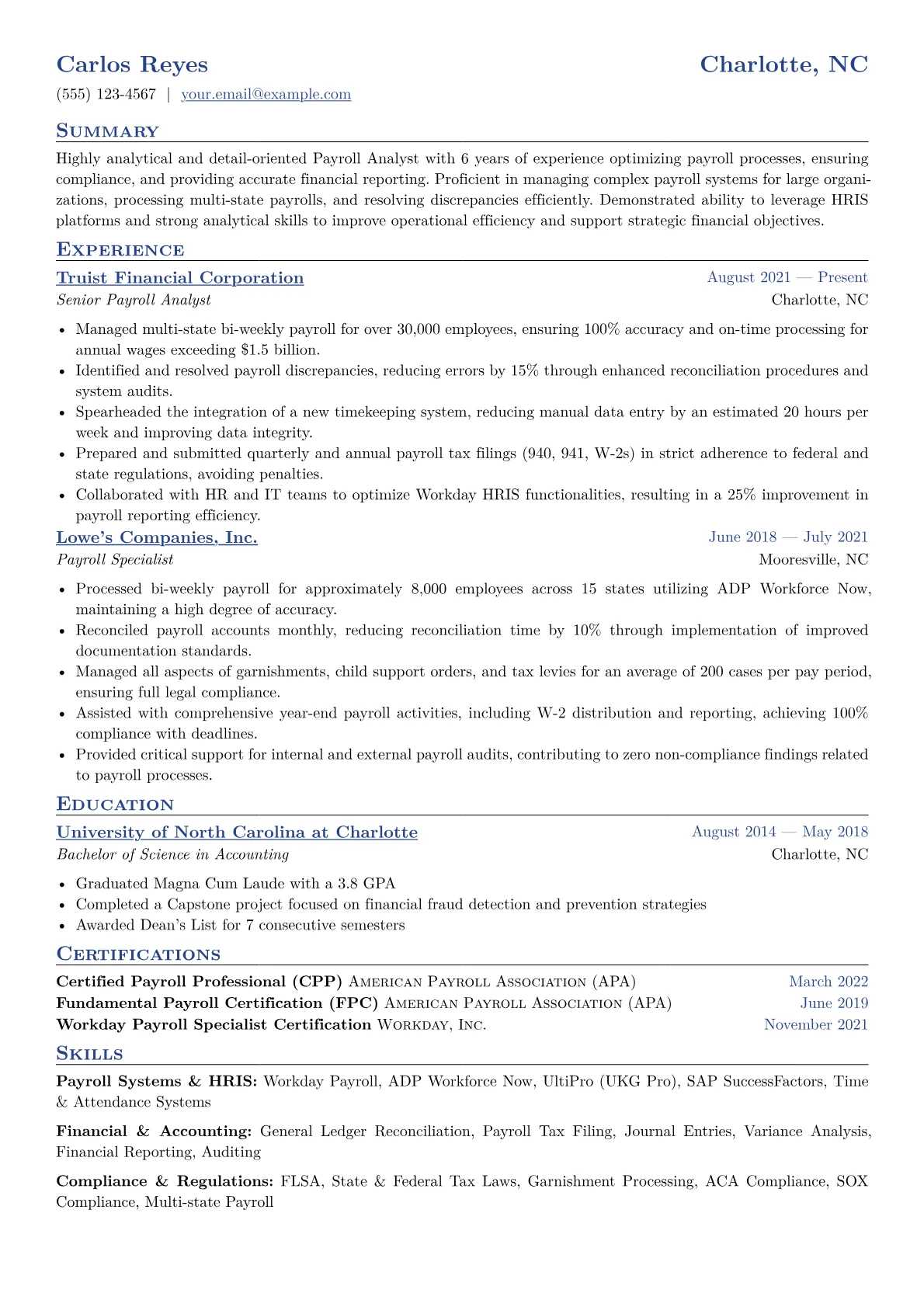 Payroll Analyst Resume Example CV template - Page 1