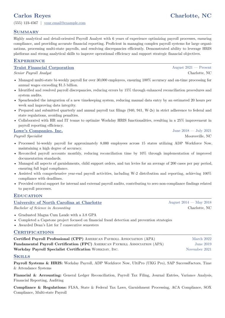 Payroll Analyst Resume Example CV template preview
