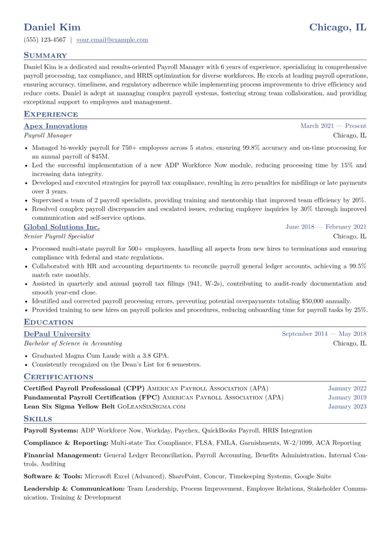 Payroll Manager Resume Example CV template preview