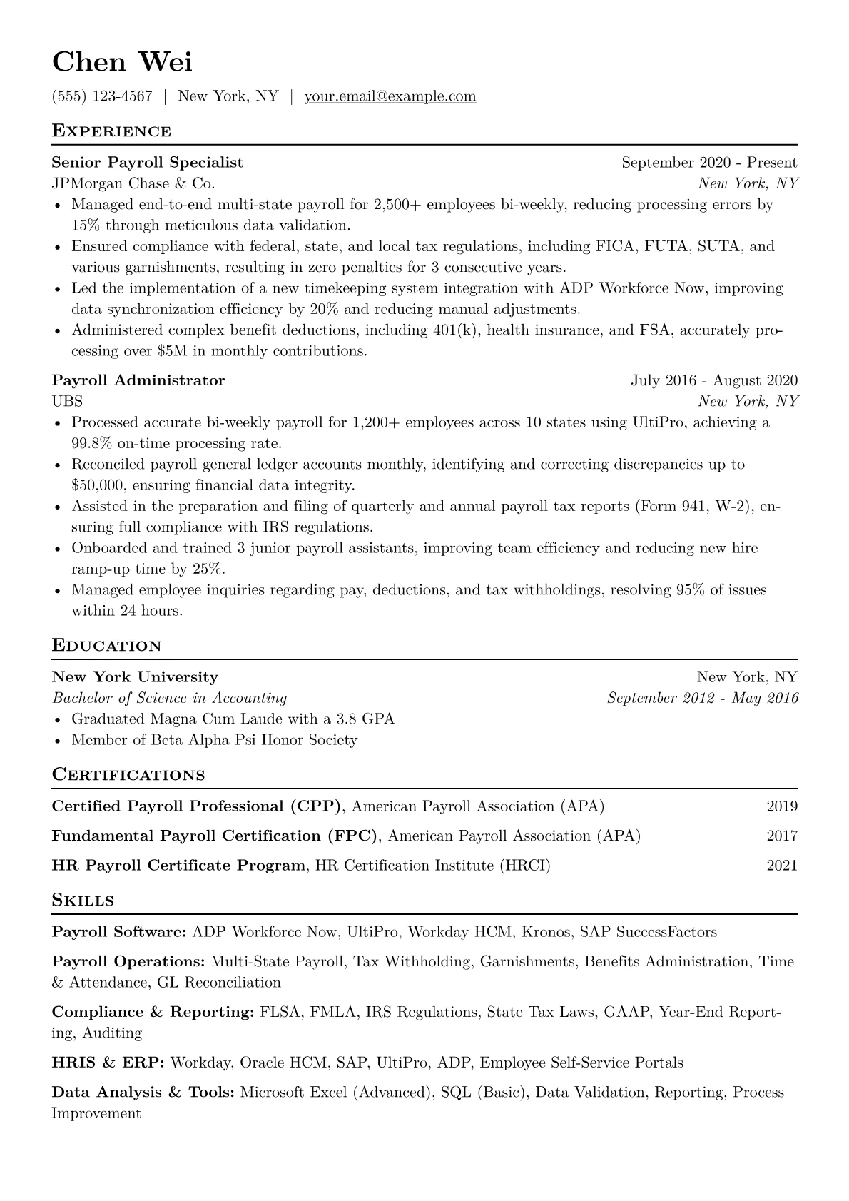 Payroll Specialist Resume Example CV template - Page 1