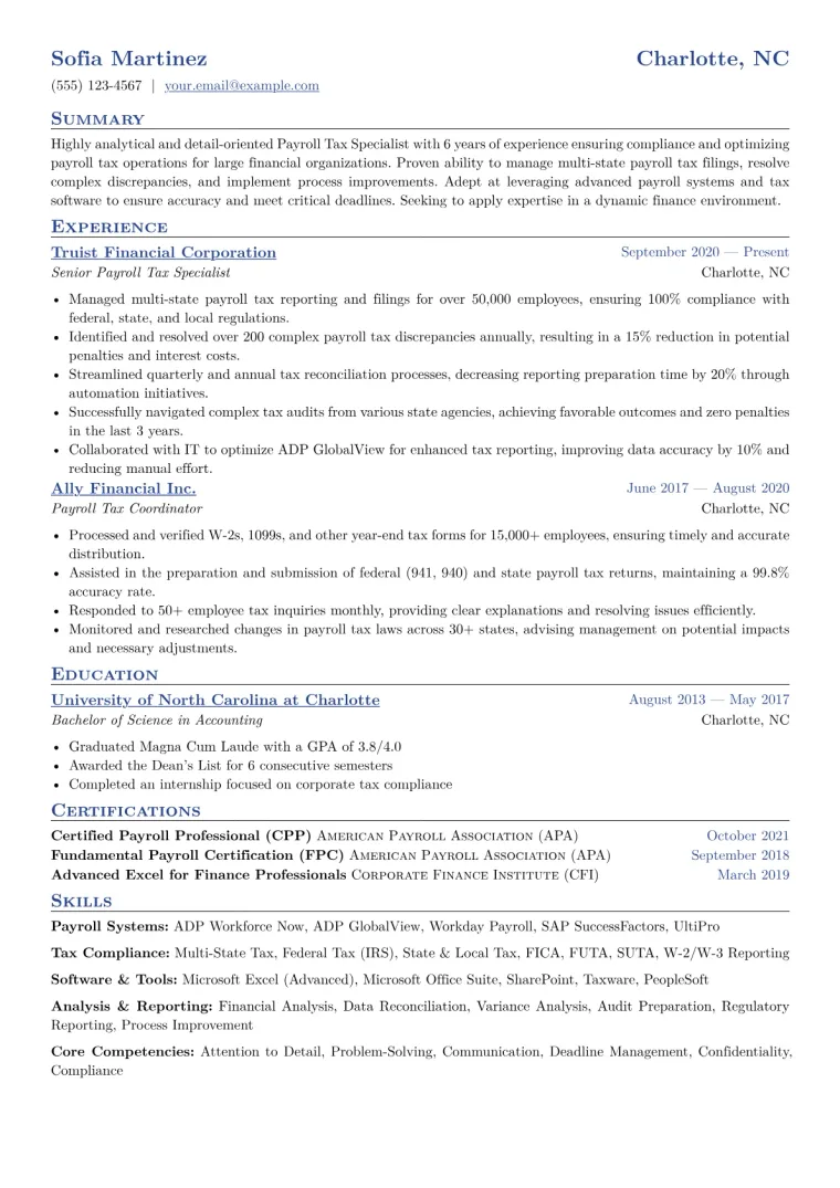 Payroll Tax Specialist Resume Example CV template preview