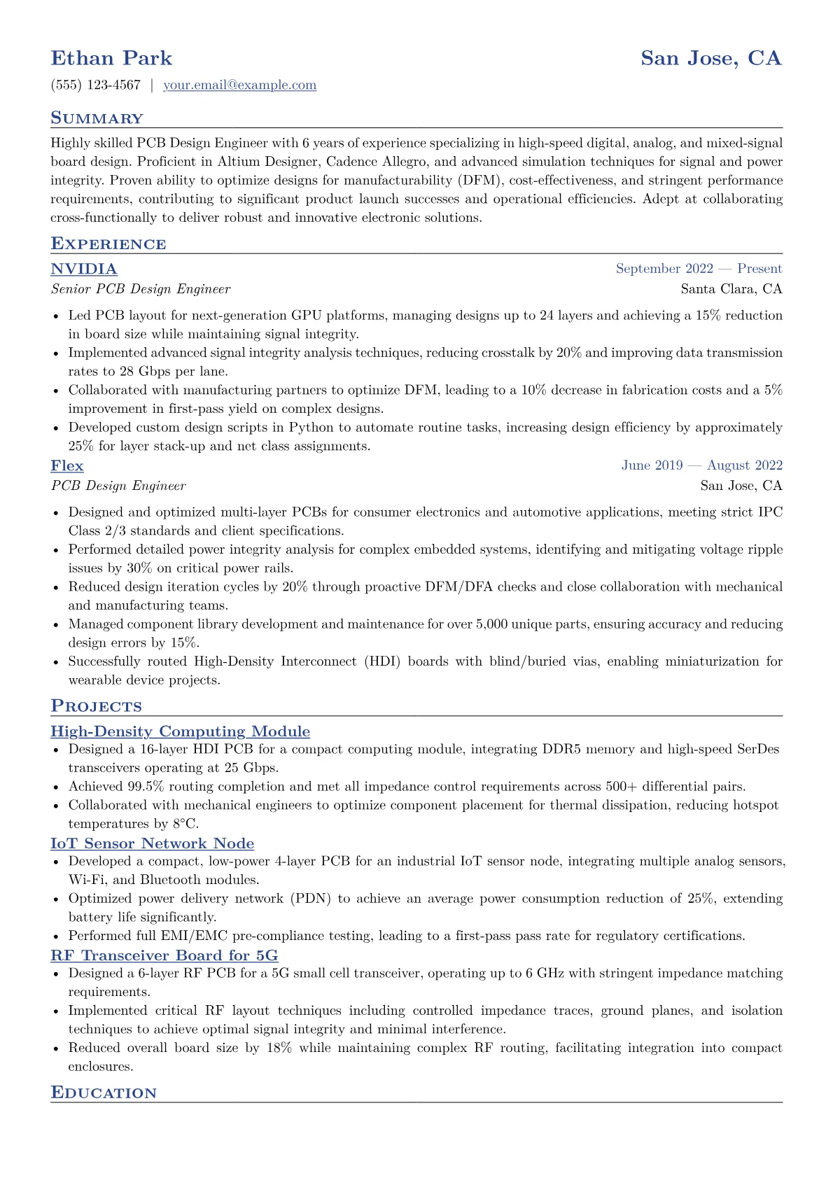 PCB Design Engineer Resume Example CV template - Page 1