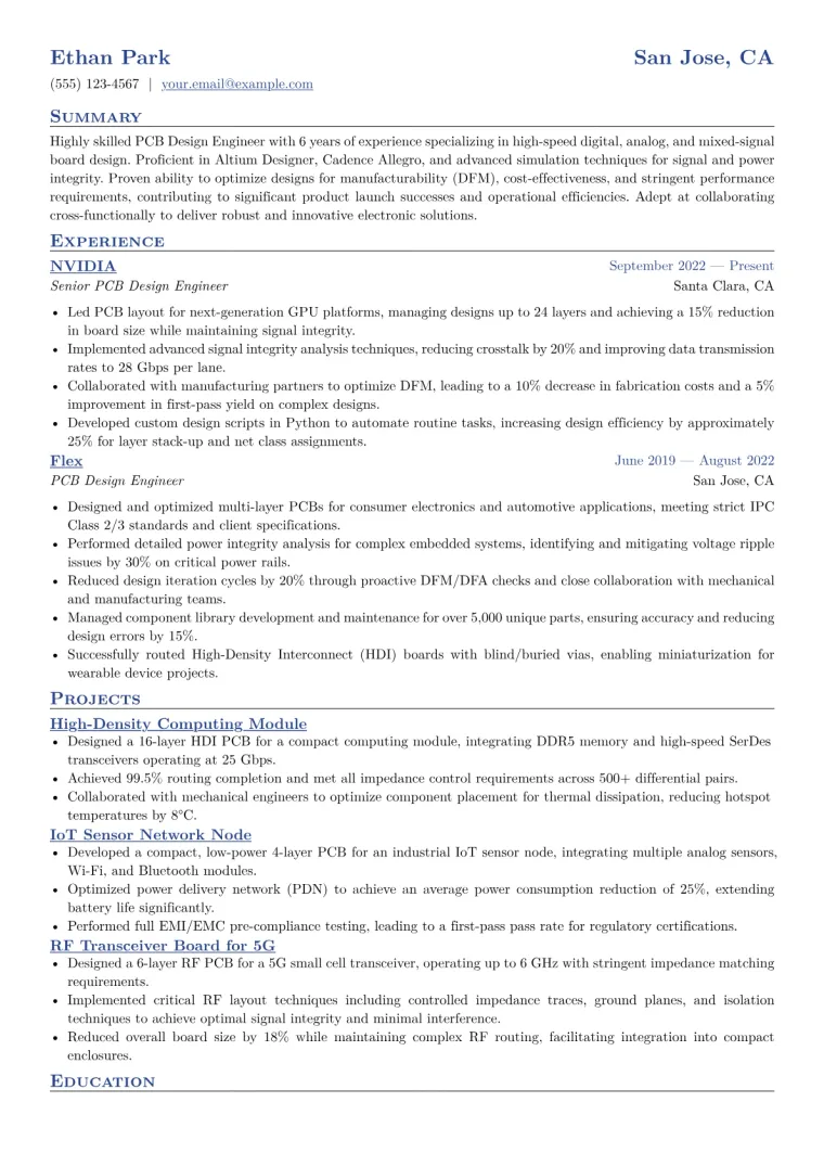 PCB Design Engineer Resume Example CV template preview
