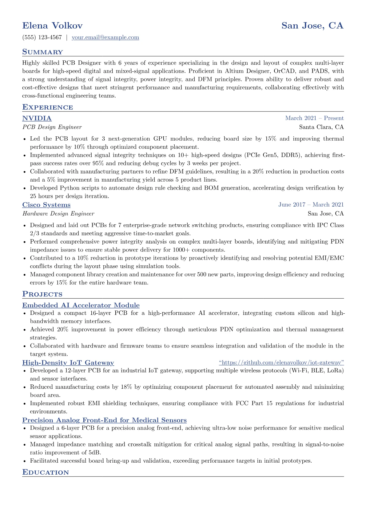 PCB Designer Resume Example CV template - Page 1