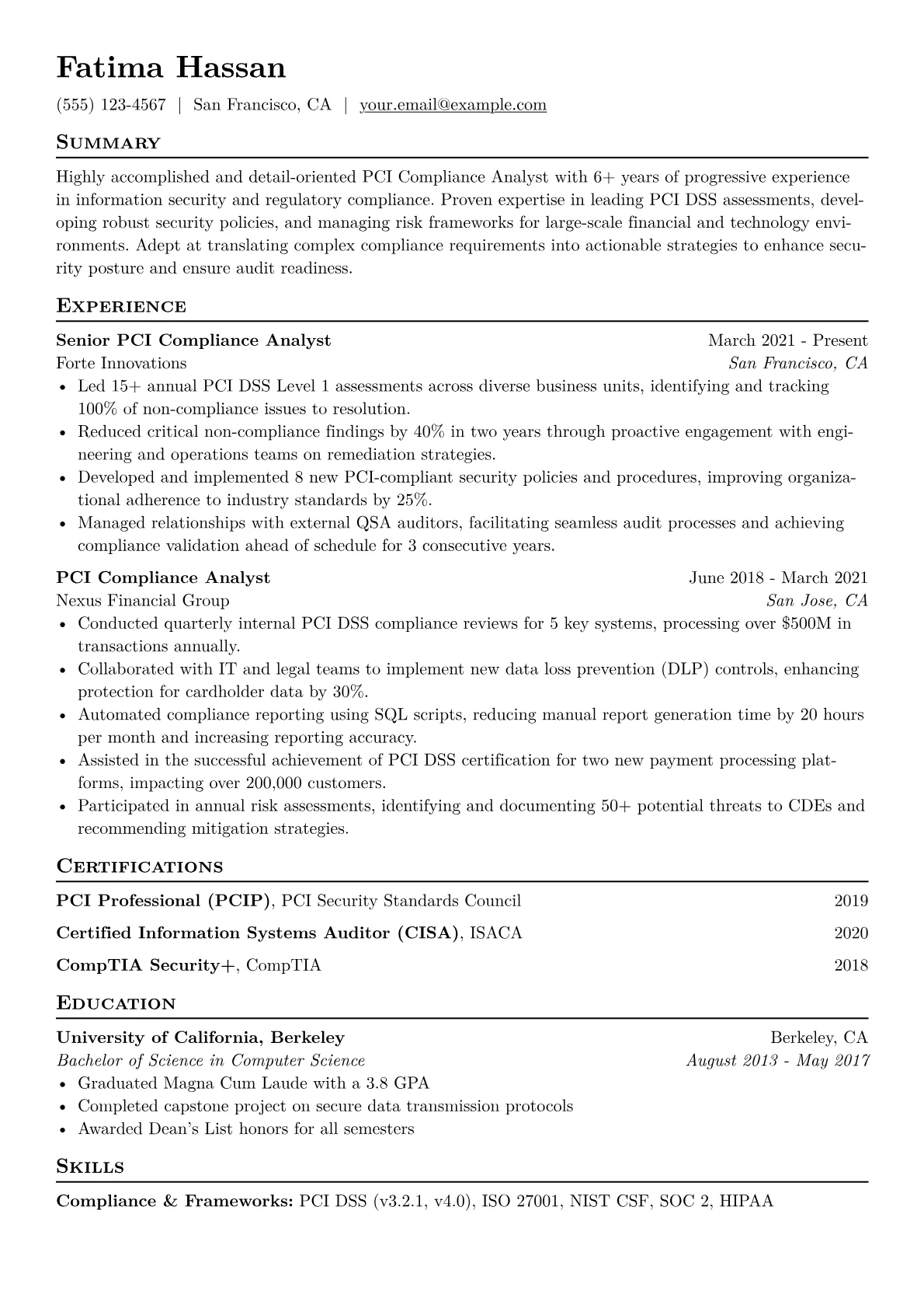 PCI Compliance Analyst Resume Example CV template - Page 1