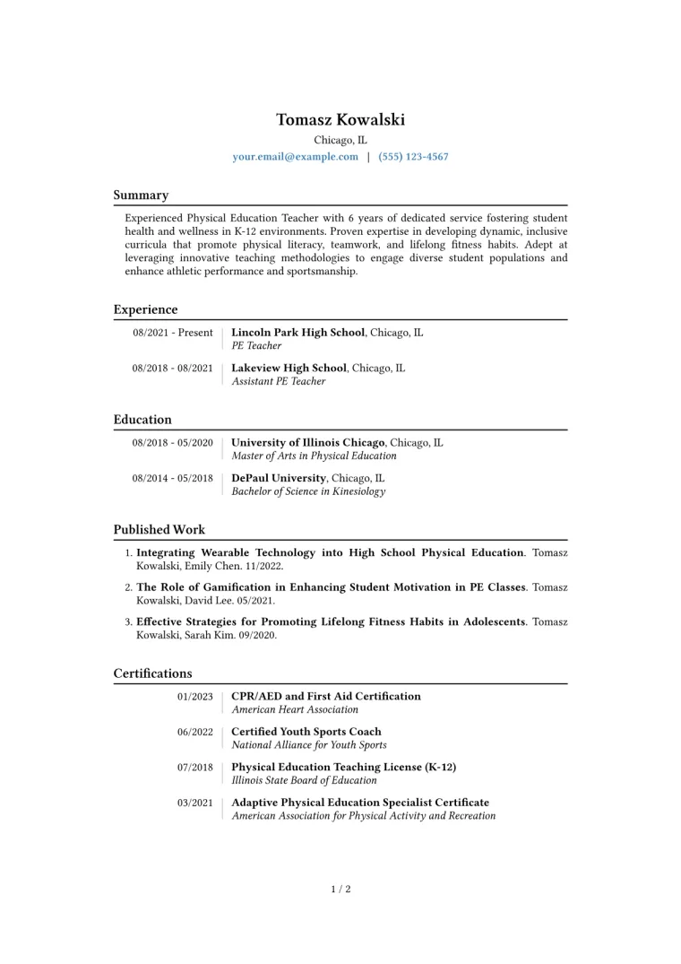 PE Teacher Resume Example CV template preview