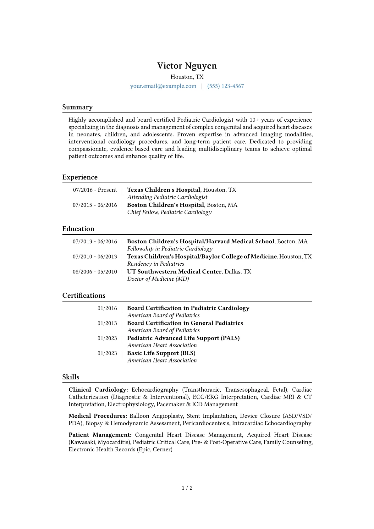 Pediatric Cardiologist Resume Example CV template - Page 1