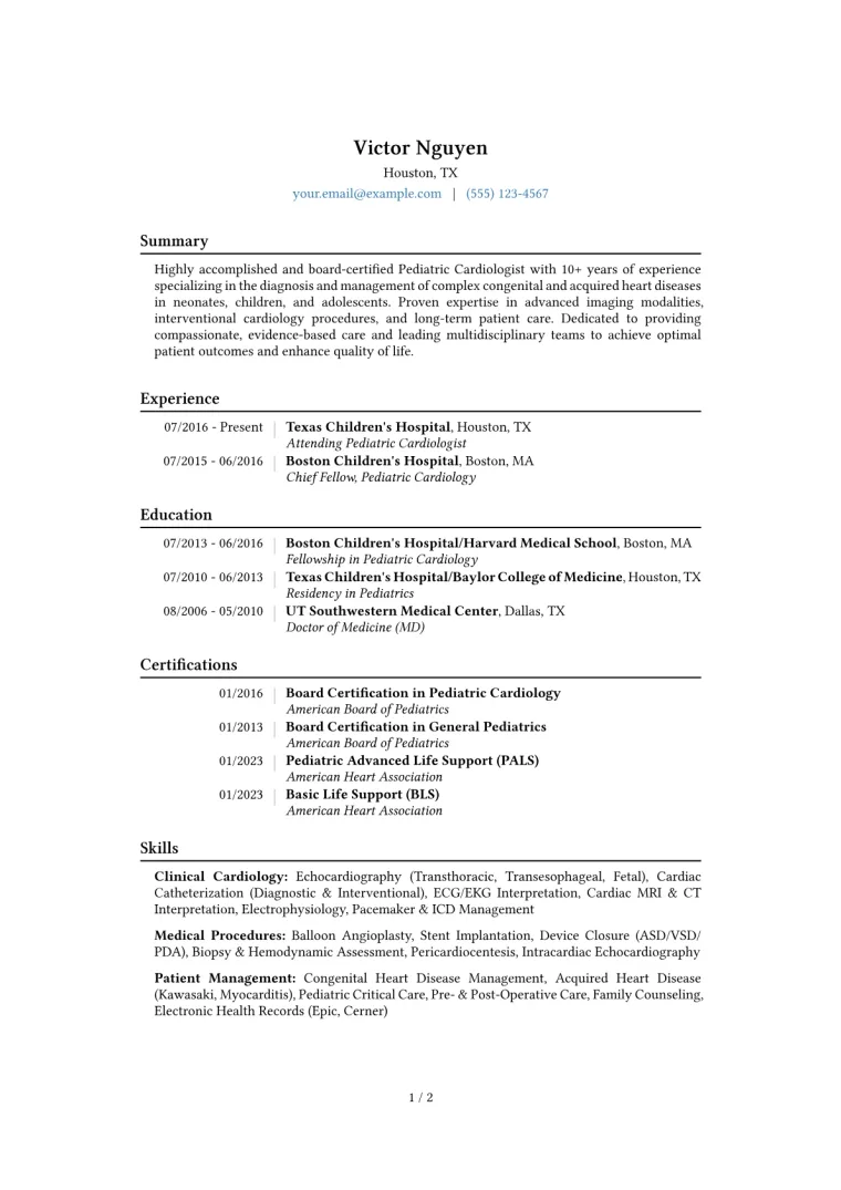 Pediatric Cardiologist Resume Example CV template preview