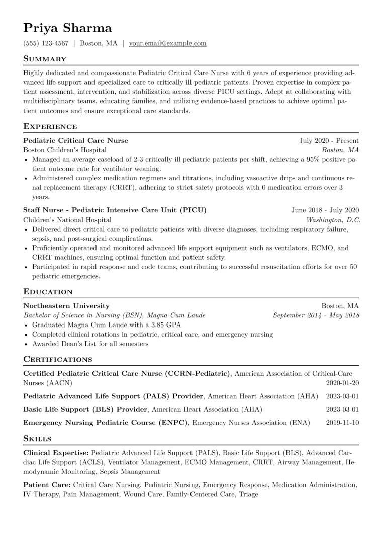 Pediatric Critical Care Nurse Resume Example CV template preview