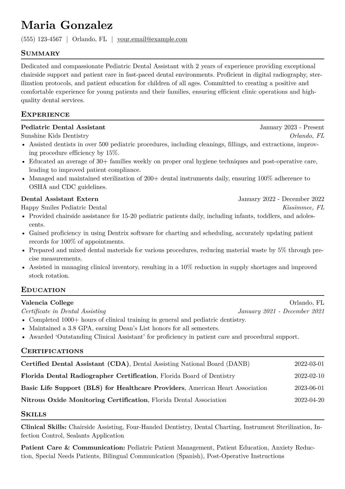 Pediatric Dental Assistant Resume Example CV template - Page 1