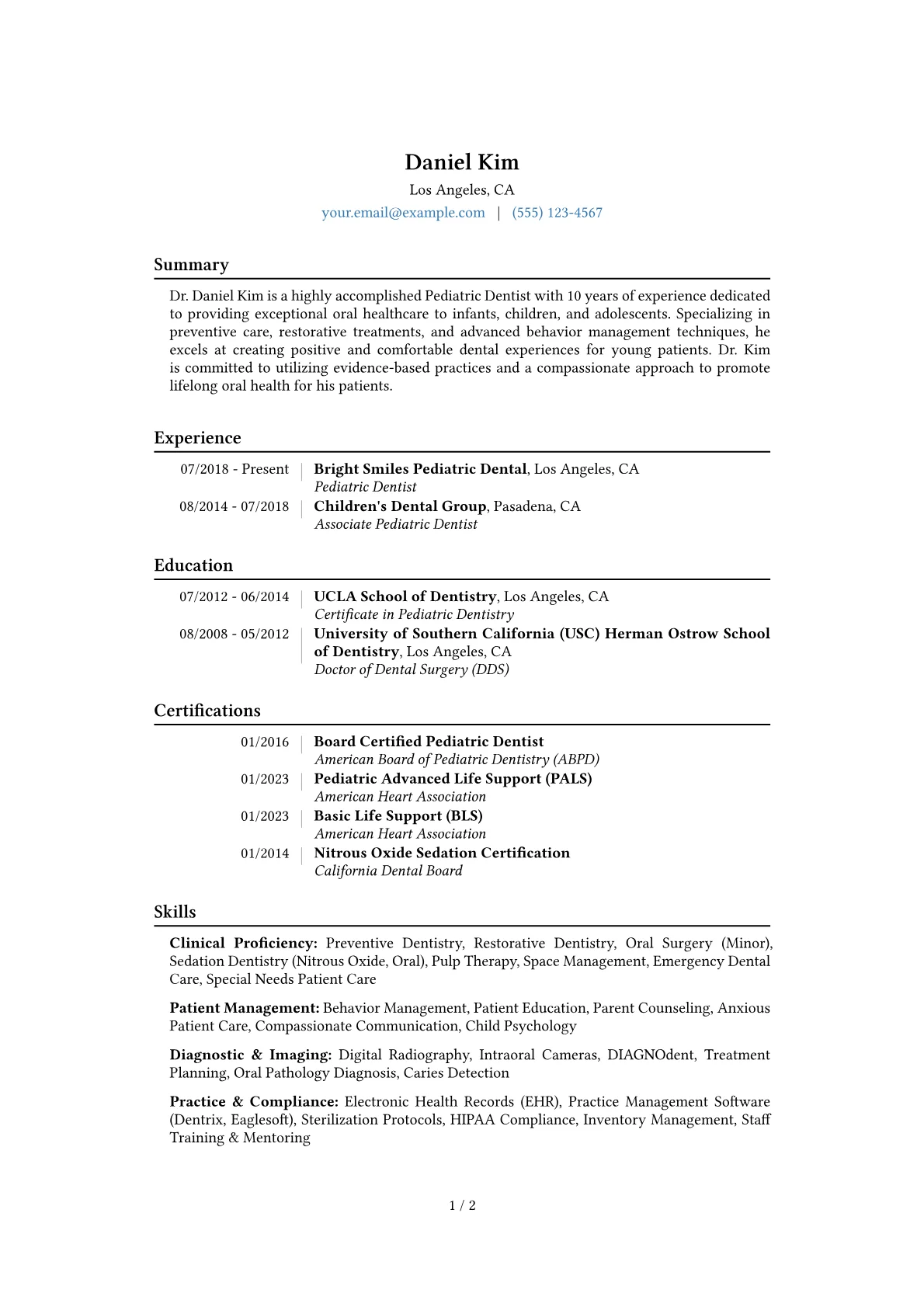 Pediatric Dentist Resume Example CV template - Page 1