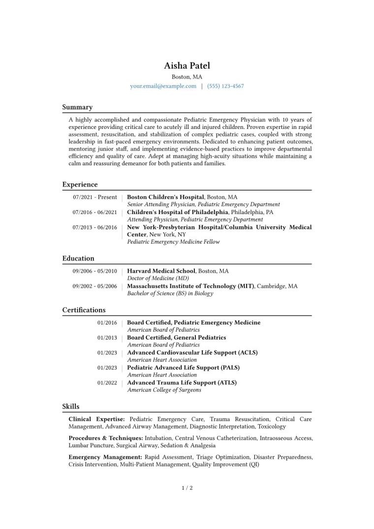 Pediatric Emergency Physician Resume Example CV template preview