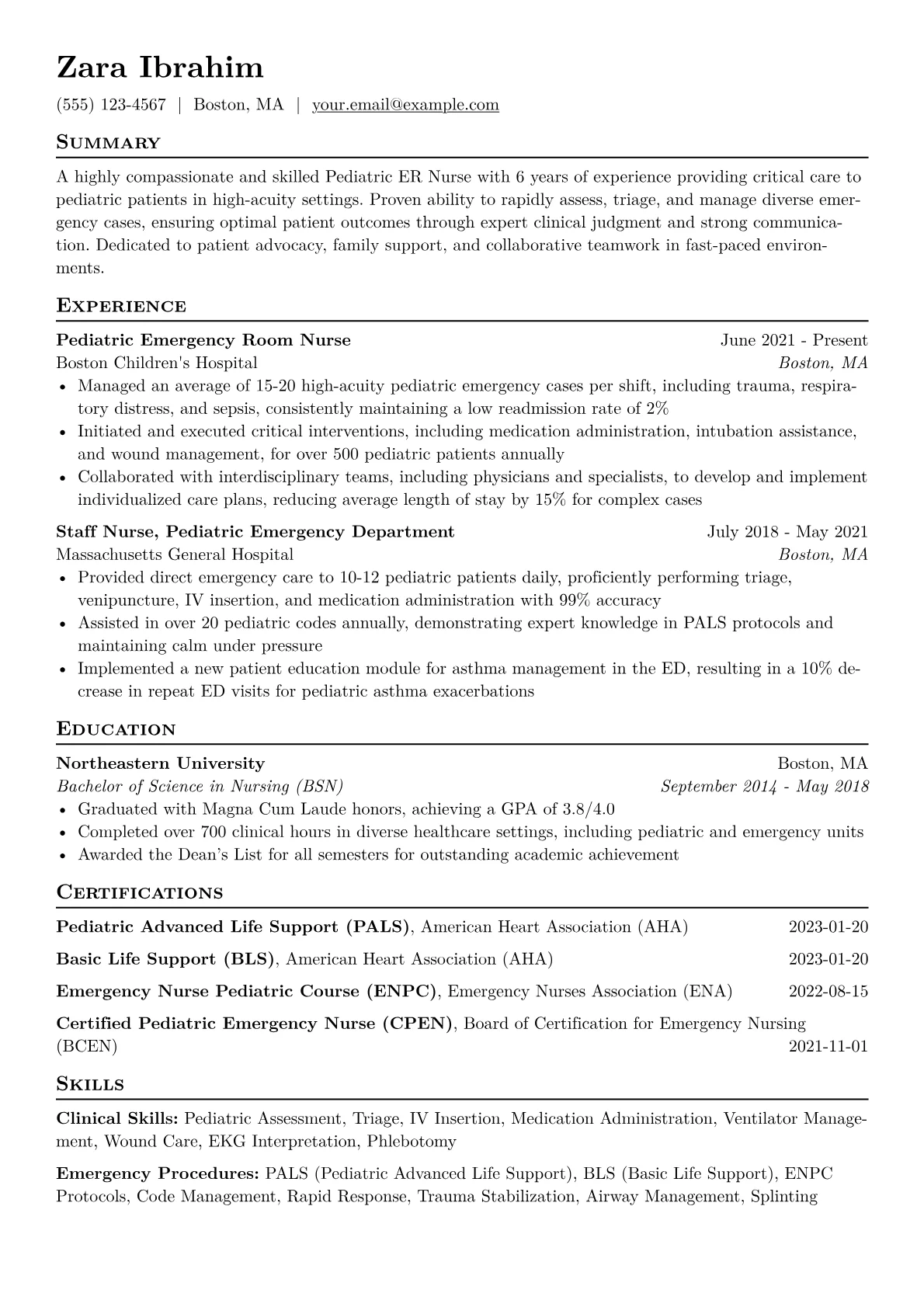 Pediatric ER Nurse Resume Example CV template - Page 1