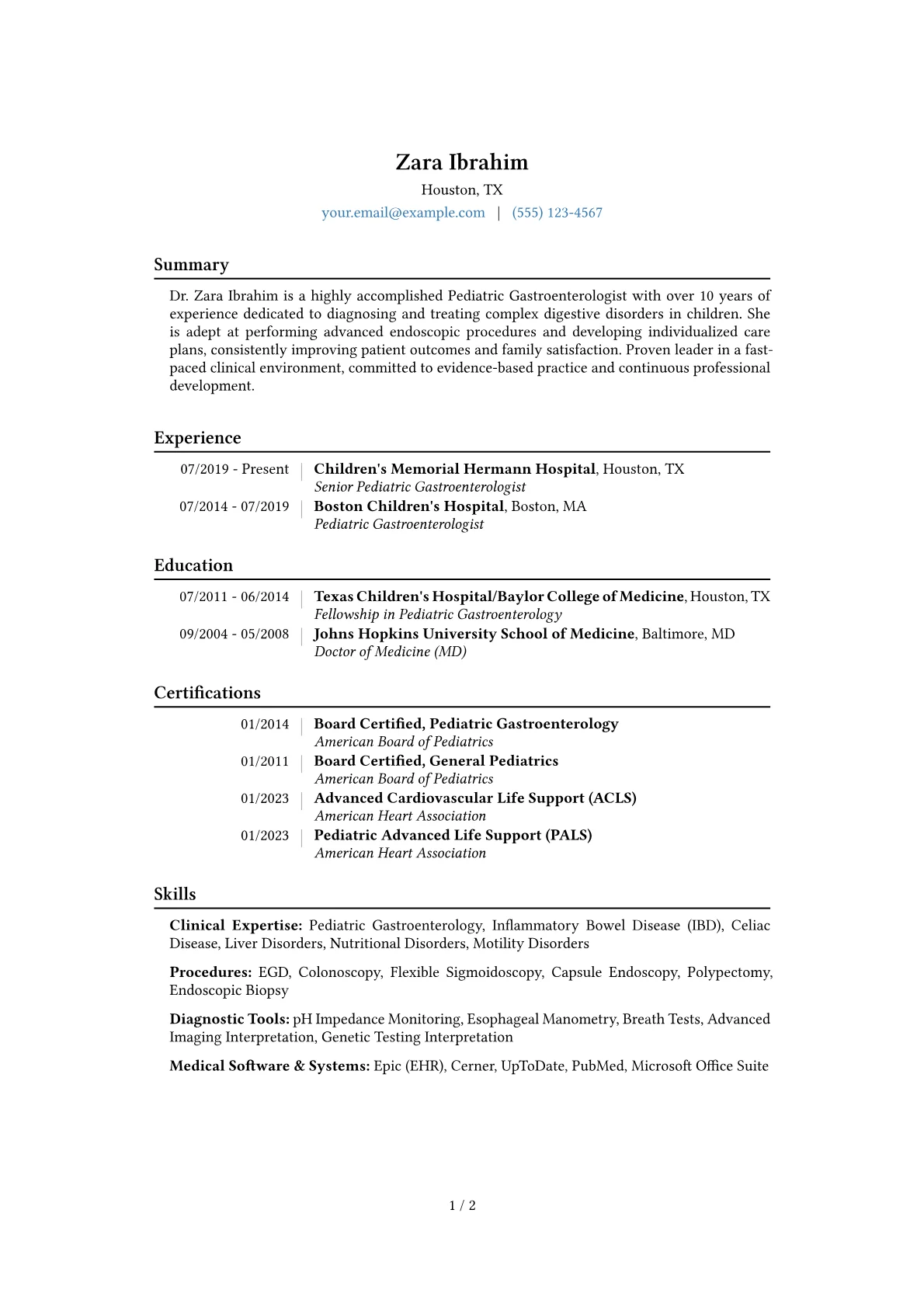 Pediatric Gastroenterologist Resume Example CV template - Page 1