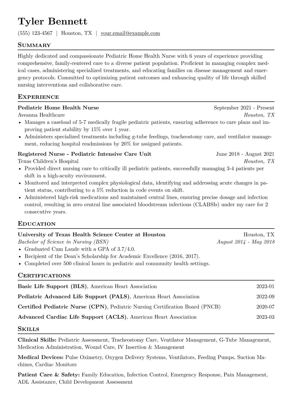 Pediatric Home Health Nurse Resume Example CV template - Page 1