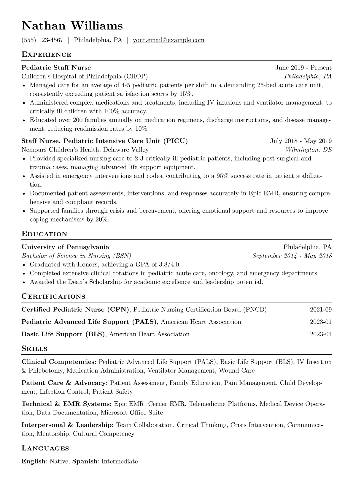 Pediatric Nurse Resume Example CV template - Page 1