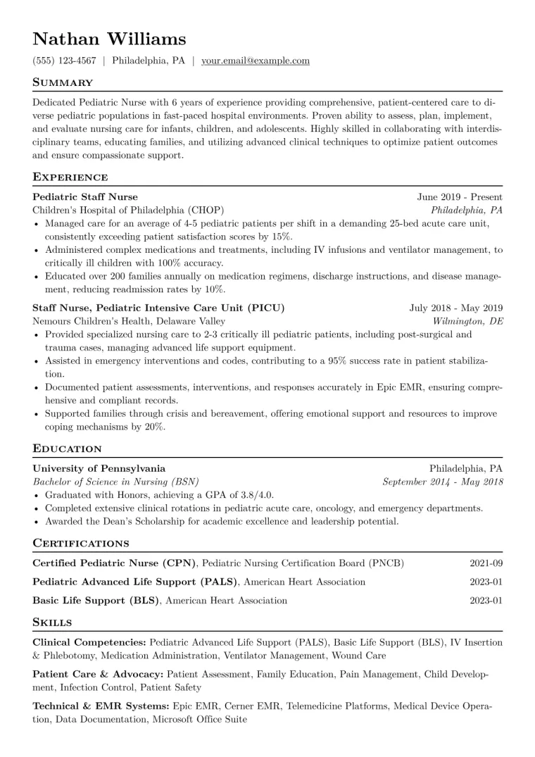 Pediatric Nurse Resume Example